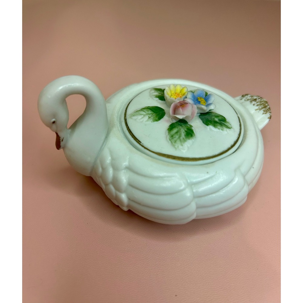 Vintage Porcelain Swan Trinket Box Jewelry hand painted cottage grandma cozy